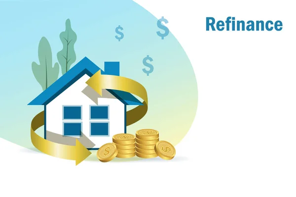 住宅ローンの再融資 住宅ローンの概念 金貨の山と家の周りの金の矢印 — ストックベクタ