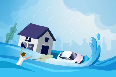 Fırtına tayfunundan kaynaklanan sel dalgası şehirdeki evi, arabayı ve su baskını mağdurunu götürdü. Doğa felaketi, tsunami ve iklim değişikliği ve küresel ısınmanın yol açtığı felaket.