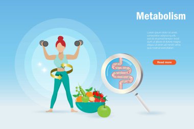 Metabolizma sistemi ve ağırlık kontrolü. Aktif kadın, sağlıklı yiyecekler ve bağırsaklarıyla büyüteç üzerinde egzersiz yapıyor. Uygun beslenmeyi dengelemek ve sağlıklı bir vücut için egzersiz yapmak.