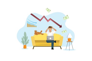 Borsa çöküş grafiği. Yatırım ticaretinde para kaybeden bir adam. Borsa çöküşü kavramında kaybedilen para