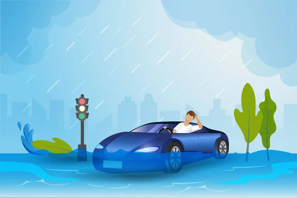 Αυτοκίνητα Πλημμυρισμένο Δρόμο Στην Πόλη Από Βροχή Τυφώνα Καταιγίδα Καταστροφή — Διανυσματικό Αρχείο