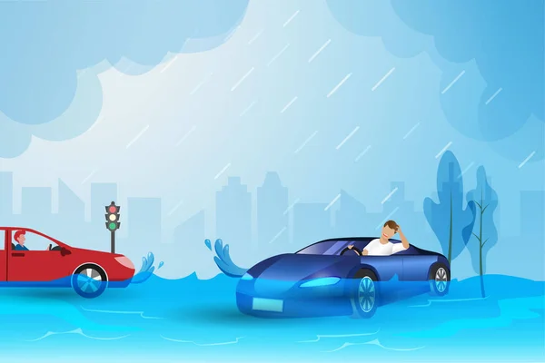 Αυτοκίνητα Πλημμυρισμένο Δρόμο Στην Πόλη Από Βροχή Τυφώνα Καταιγίδα Καταστροφή — Διανυσματικό Αρχείο
