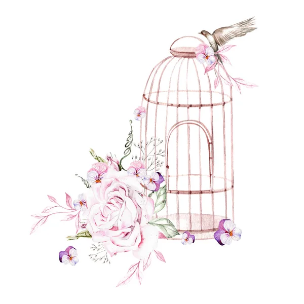 Bellissimo Bouquet Acquerello Con Uccelli Fiori Gabbia Uccelli Illustrazione — Foto Stock