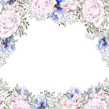 Güllü ve süsen çiçekli güzel bir suluboya kart. Görüntü