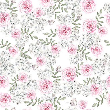 Güzel suluboya desenli güller ve yapraklar. Görüntü