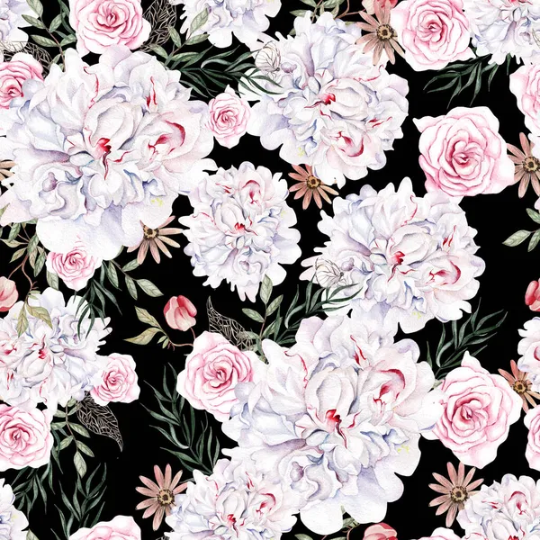 Beautiful watercolor seamless pattern with roses and peony flowers. Illustration