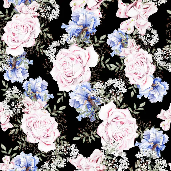 Beautiful watercolor seamless pattern with roses and iris flowers. Illustration
