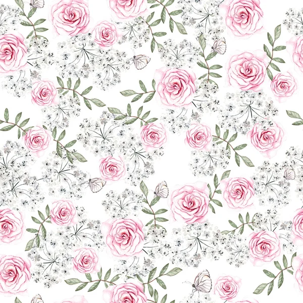 Padrão Sem Costura Aquarela Bonita Com Flores Rosas Folhas Ilustração — Fotografia de Stock