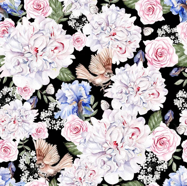 Beautiful watercolor seamless pattern with roses and iris flowers, bidrs.  Illustration