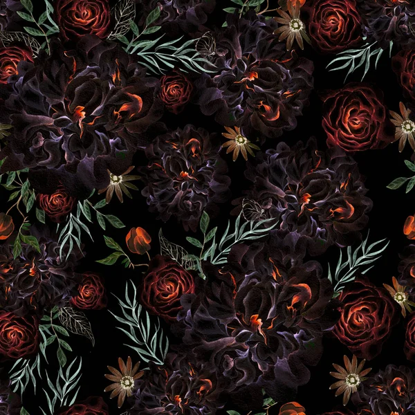 Schöne Aquarell Nahtlose Muster Mit Rosen Und Pfingstrosen Blumen Illustration — Stockfoto