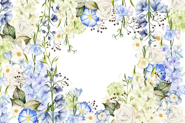 Aquarel Kaart Met Verschillende Wilde Bloemen Bladeren Illustratie — Stockfoto