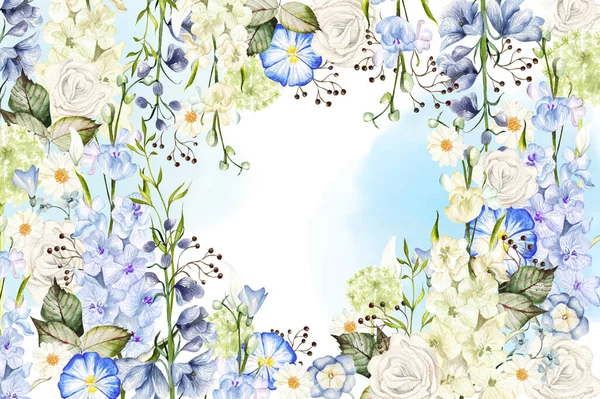 Cartão Aquarela Com Diferentes Folhas Flores Silvestres Ilustração — Fotografia de Stock