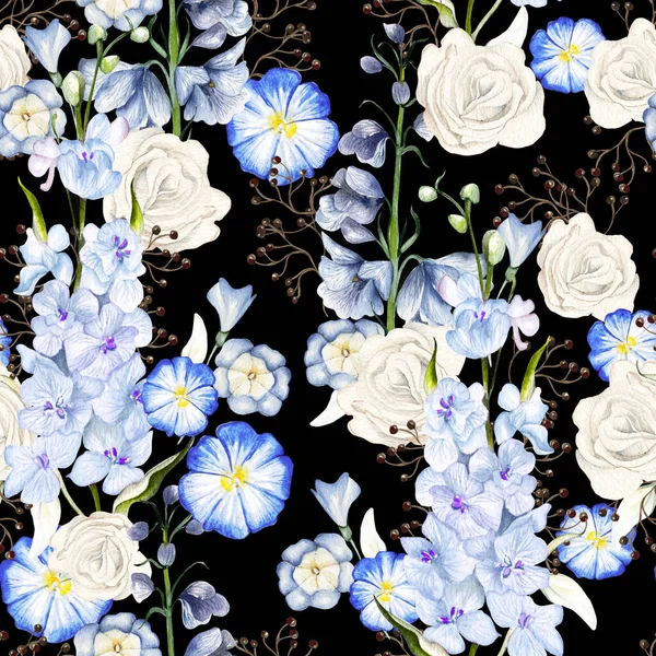 Watercolor seamless pattern with wild flowers, roses and delphinium flowers. Illustration.