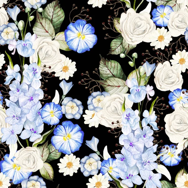 Akvarell Sömlöst Mönster Med Vilda Blommor Rosor Och Delfinblommor Illustration — Stockfoto