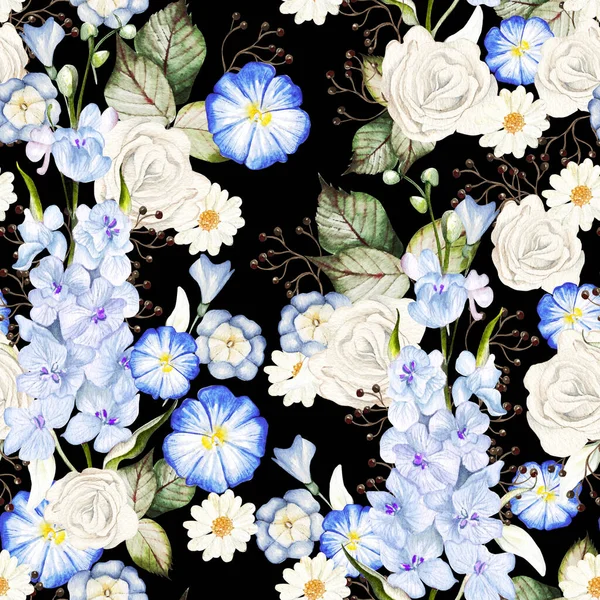 Watercolor seamless pattern with wild flowers, roses and delphinium flowers. Illustration.