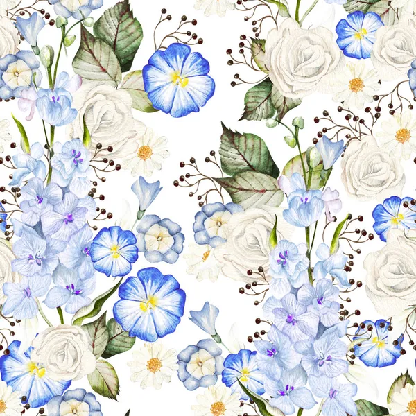 Aquarel Naadloos Patroon Met Wilde Bloemen Rozen Delphinium Bloemen Illustratie — Stockfoto