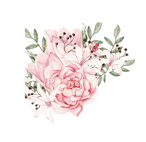 Υδατογραφία Μπουκέτο Τριαντάφυλλα Και Παιώνιες Λουλούδια Εικονογράφηση — Φωτογραφία Αρχείου