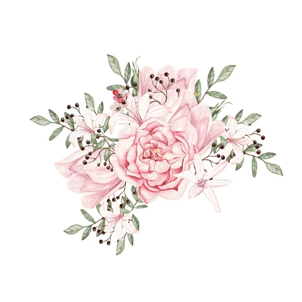 Акварельний Букет Трояндами Піоновидними Квітами Ілюстрація — стокове фото