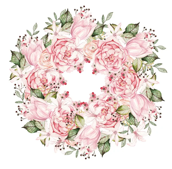 Ghirlanda Acquerello Con Rose Fiori Peonia Illustrazione — Foto Stock