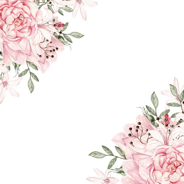 Watercolor Card Roses Peony Flowers Illustration — Fotografia de Stock