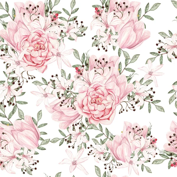 Aquarell Nahtloses Muster Mit Rosen Und Pfingstrosen Illustration — Stockfoto