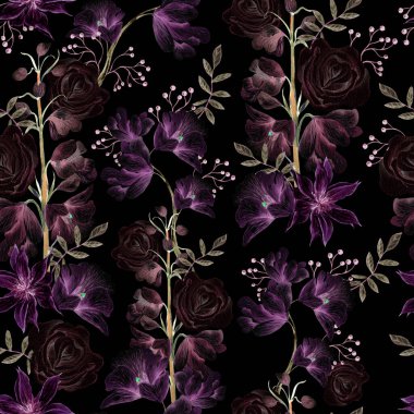 Delphinium çiçekleri ve yaprakları olan dikişsiz suluboya deseni. Görüntü