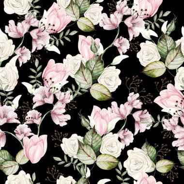 Beyaz güller, dezenfektan, krokus ve lalelerle suluboya desenli. Görüntü