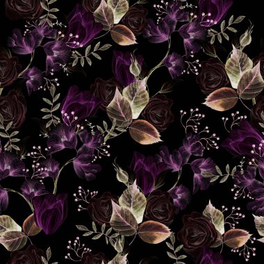 Beyaz güller, dezenfektan, krokus ve lalelerle suluboya desenli. Görüntü