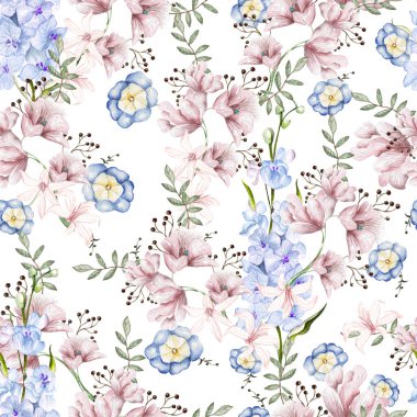 Delphinium çiçekleri ve yaprakları olan dikişsiz suluboya deseni. Görüntü