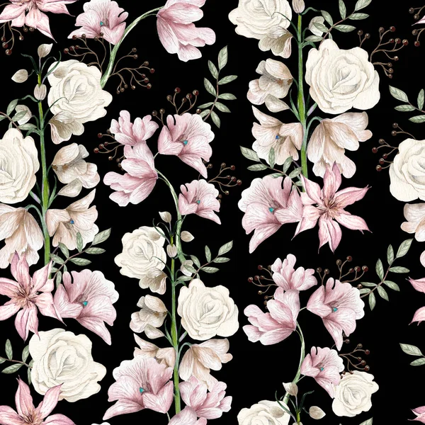 Watercolor seamless pattern with delphinium flowers and leaves. Illustration