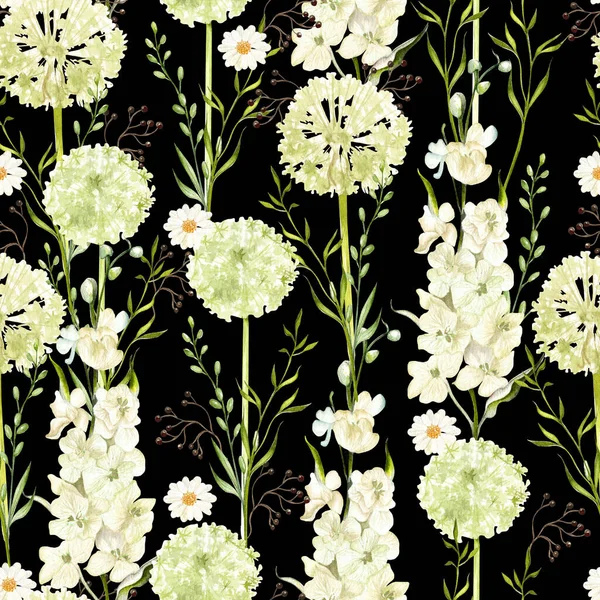 Wzór Akwarela Dzikimi Kwiatami Mniszka Lekarskiego Rumianku Ilustracja — Zdjęcie stockowe