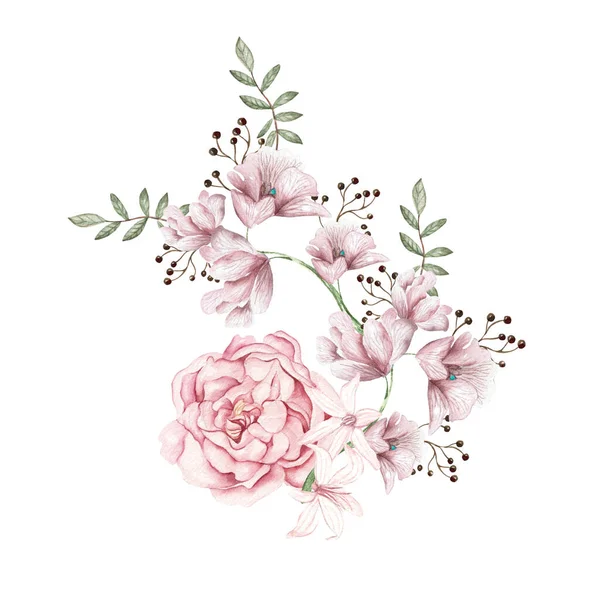 Buquê Aquarela Com Flores Peônia Delphinium Ilustração — Fotografia de Stock
