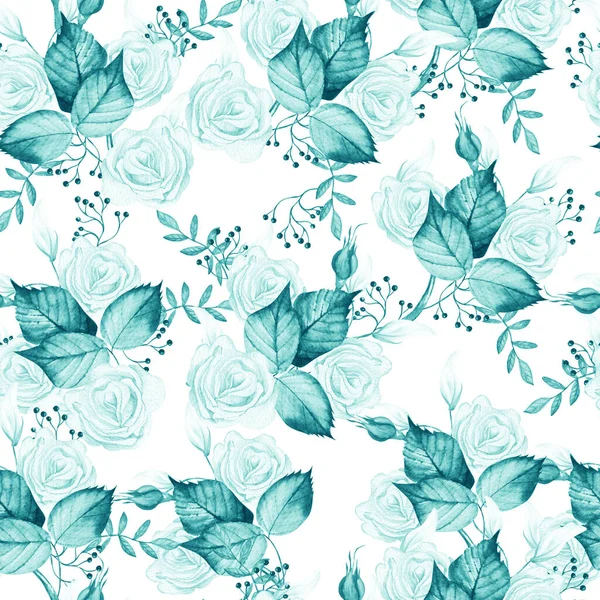 白いバラと葉を持つ水彩シームレスパターン イラスト — ストック写真