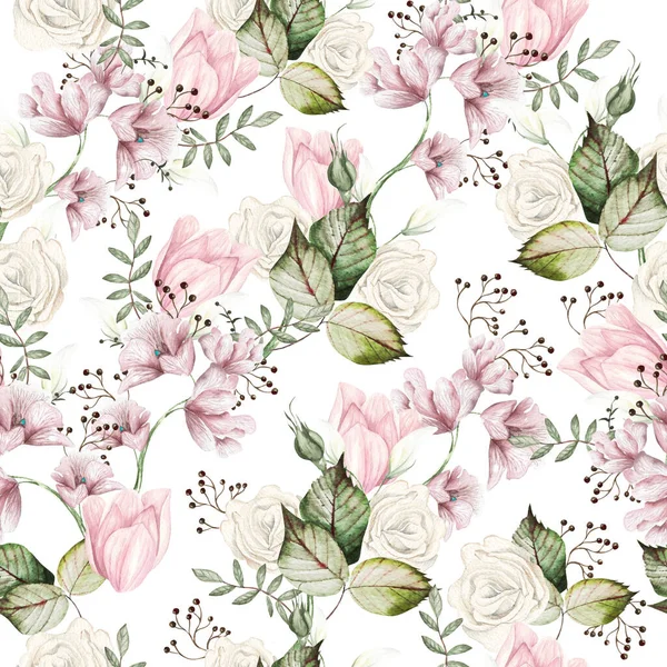 Patrón Sin Costuras Acuarela Con Rosas Blancas Delphinium Crocus Tulipanes —  Fotos de Stock