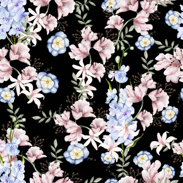 デルフィニウムの花や葉と水彩シームレスパターン イラスト — ストック写真