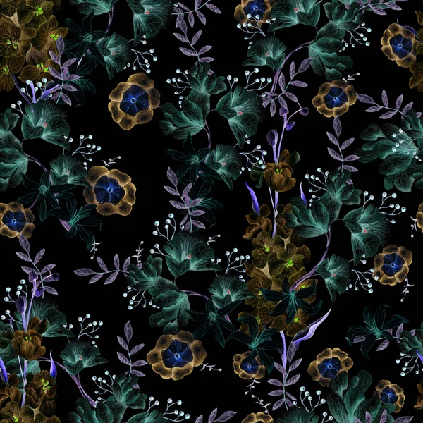 Aquarell Nahtloses Muster Mit Delphiniumblüten Und Blättern Illustration — Stockfoto
