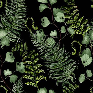 Farklı eğrelti otlarıyla suluboya kusursuz desen. Görüntü