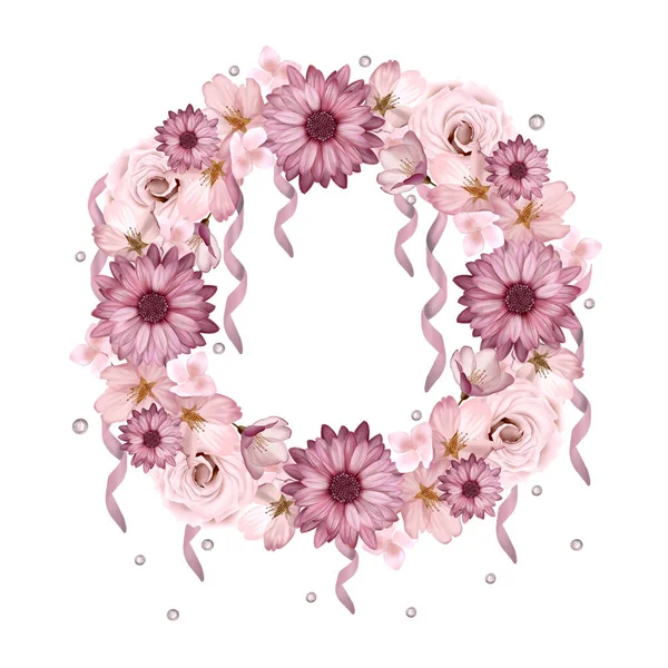 Bella Ghirlanda Con Crisantemo Fiori Rose Illustrazione — Foto Stock