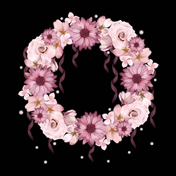 菊とバラの花と美しい花輪 イラスト — ストック写真