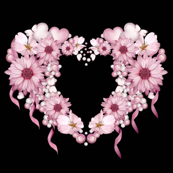 Coração Bonito Com Rosas Crisântemo Ilustração — Fotografia de Stock