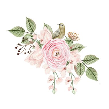 Gül kalçası çiçekli ve yapraklı güzel suluboya kart, kuş. Görüntü.