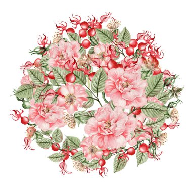 Gül kalçası çiçekli ve tomurcuklu güzel suluboya çelenkler. Görüntü  