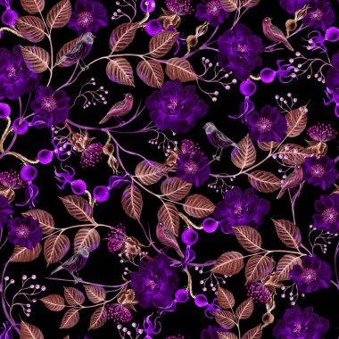 Güzel suluboya desenli, gül kalçası çiçekli ve yapraklı. Görüntü.