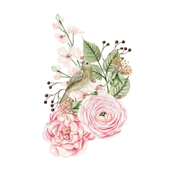 Prachtige Aquarel Kaart Met Rose Heup Bloemen Bladeren Vogel Illustratie — Stockfoto
