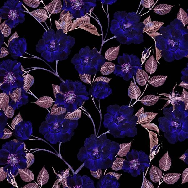 Gyönyörű Akvarell Zökkenőmentes Mintát Rózsa Csípő Virágok Levelek Illusztráció — Stock Fotó