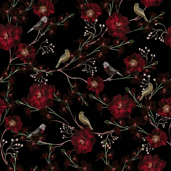 Güzel suluboya desenli, gül kalçası çiçekli ve yapraklı. Görüntü.