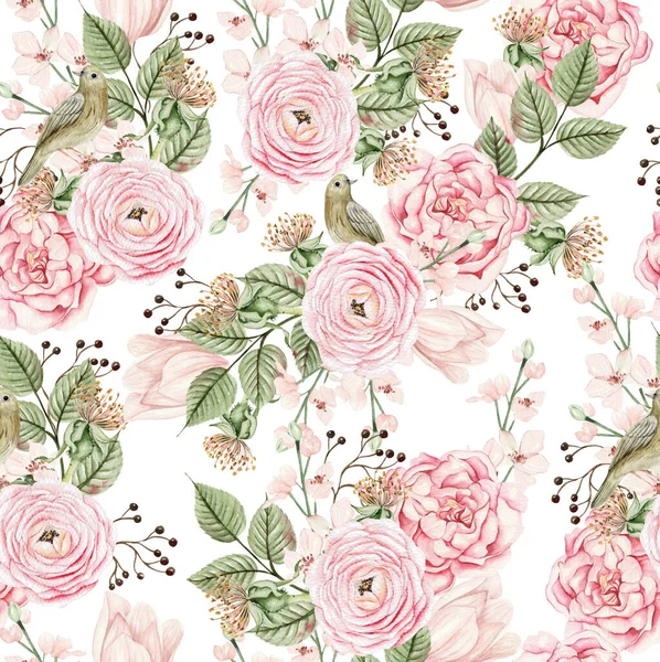 Krásná Akvarel Bezešvný Vzor Růží Kyčle Květiny Listy Ilustrace — Stock fotografie