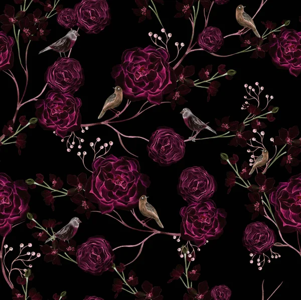 Vacker Akvarell Sömlöst Mönster Med Nypon Blommor Och Blad Illustration — Stockfoto