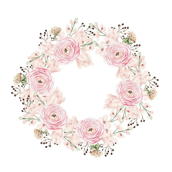 Piękny Akwarelowy Wieniec Różowymi Wiosennymi Kwiatami Pączkami Ilustracja — Zdjęcie stockowe