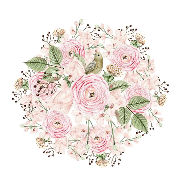 Piękny Bukiet Akwarelowy Różowymi Wiosennymi Kwiatami Pączkami Ilustracja — Zdjęcie stockowe